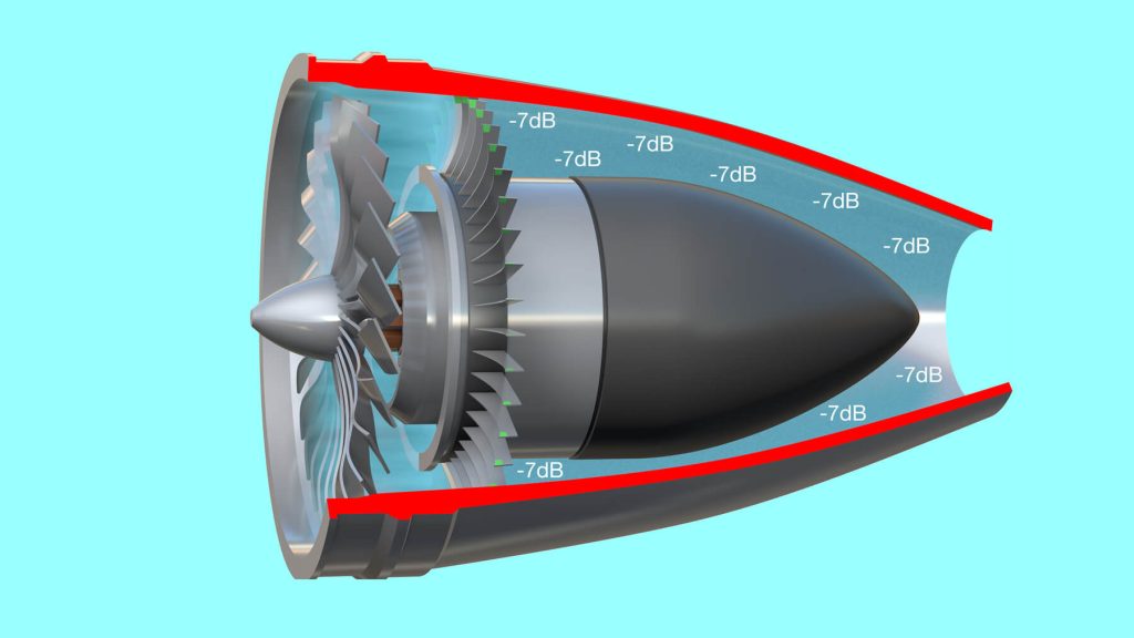 Cutaway of a ducted fan engine showing noise reduced by up to 7dB along the bypass duct